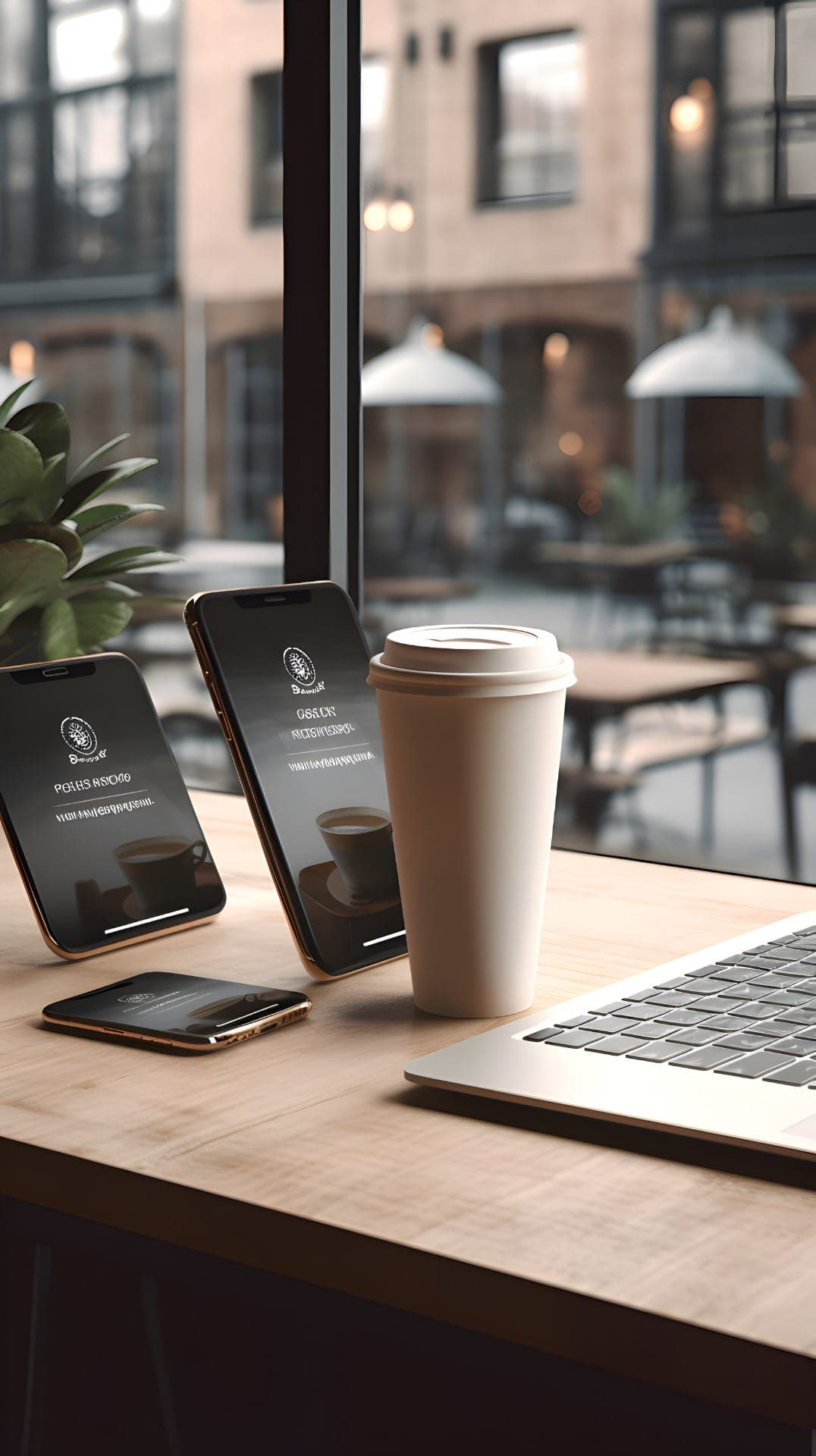 Branded coffee cup and smartphone on a cafe table