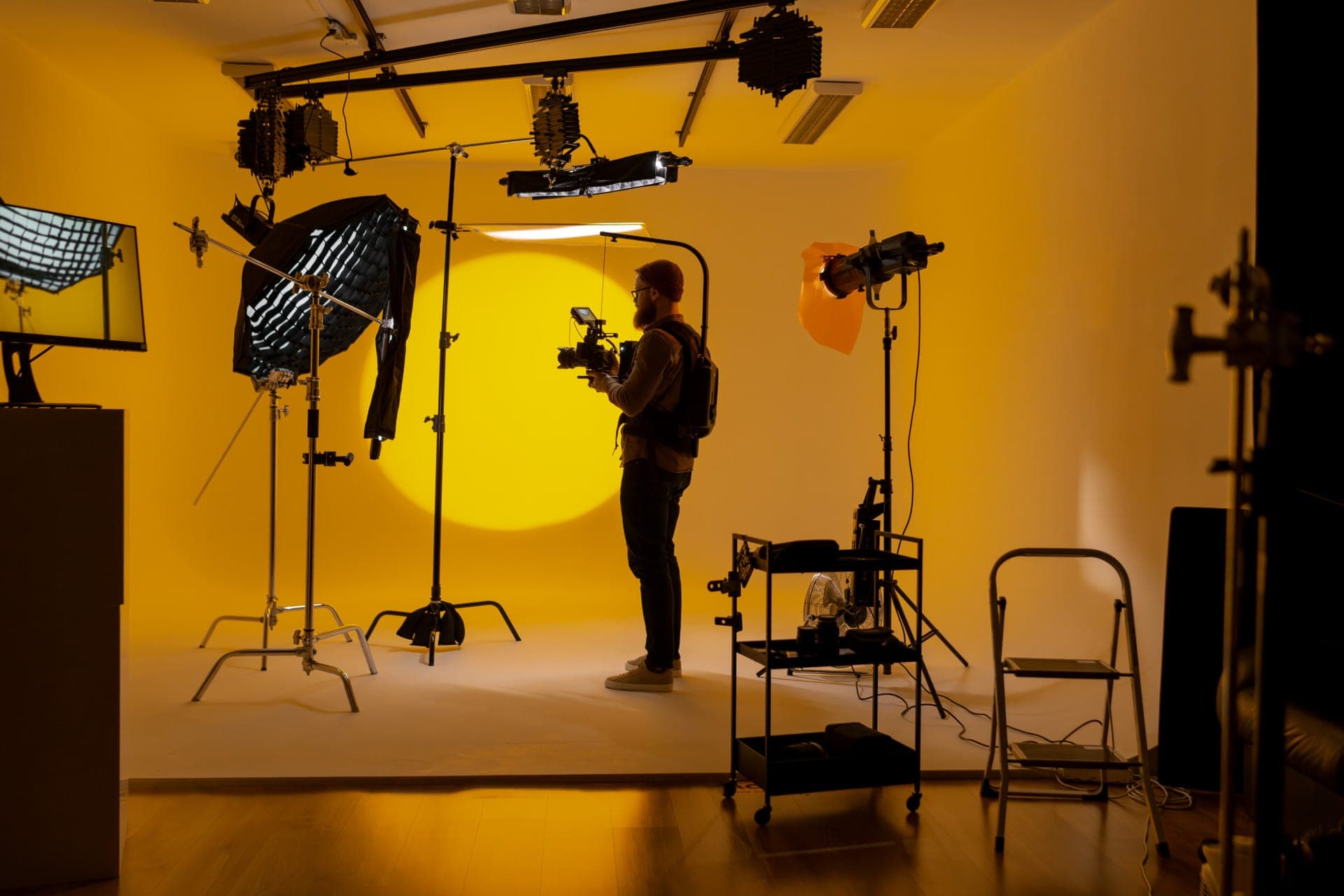 Videographer shooting in a studio with a yellow backdrop