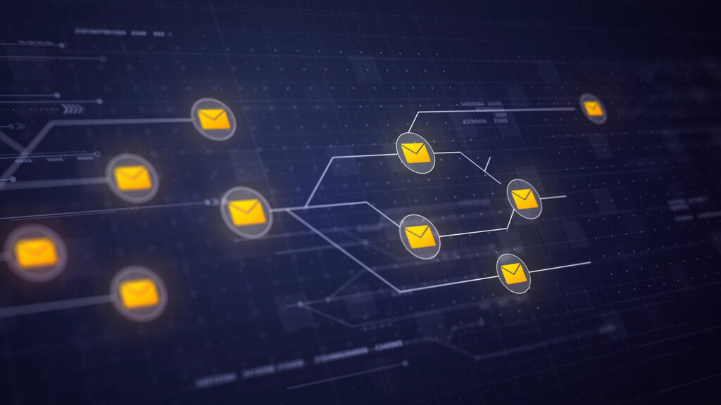 Digital network of yellow email icons representing email marketing automation, illustrating strategies for small business growth